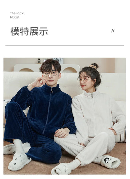 Couple Pajamas Set Autumn Winter Flannel Long Sleeve Zipper Long Plush Sleepwear Suit Men Nightcloth Thick Velvet Thermal Women