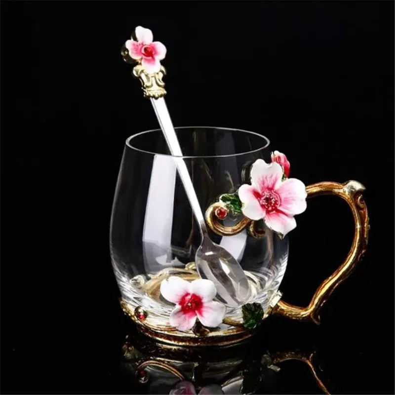 Hand-made Enamel Coffee Mug Crystal Cup Milk Lemon Flower Tea Cup High-grade Glass Drinkware Gift Couple Mug For Lover Wedding