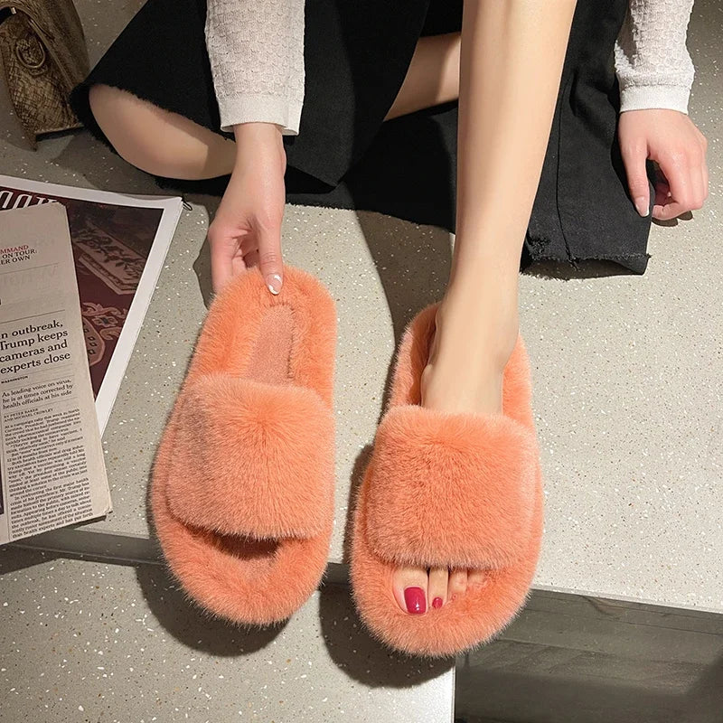 Fluffy Winter Warm Home Fur Furry Slippers Women Plush Shoes Indoor House Fuzzy Flip Flops Female Padded Fleece Living Bedroom