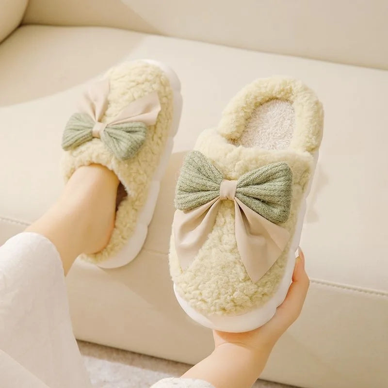 Cotton Bowknot Slippers Ladies Winter indoor Home Warm Fluffy Shoes Comfortable Slippers 3.5CM Thick Sole Antislip