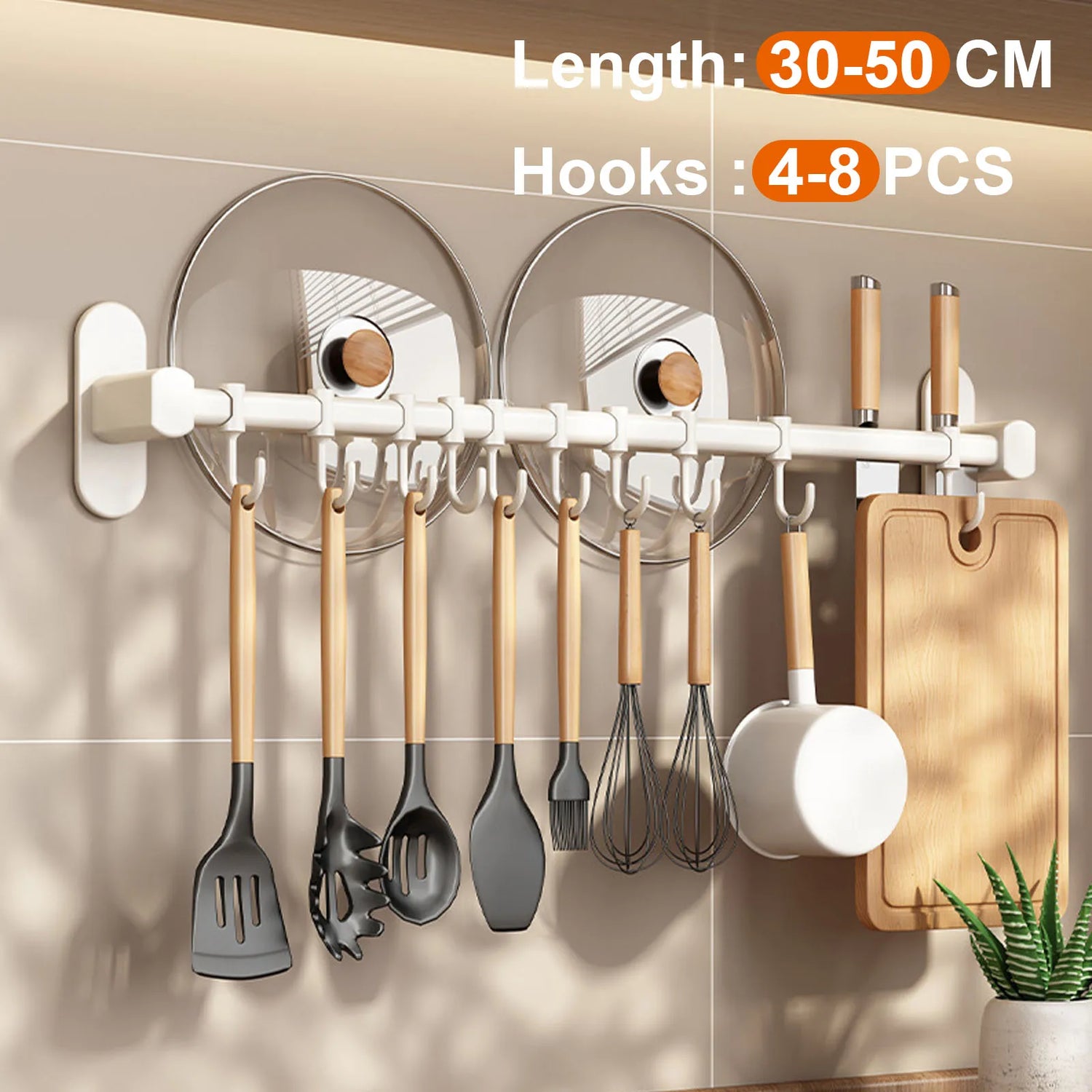 Wall Mounted Kitchen Hook Rack No-Punching Wall Hangers Rail Kitchen Utensils Rack Spoon Shovel Chopping Board Storage Rack