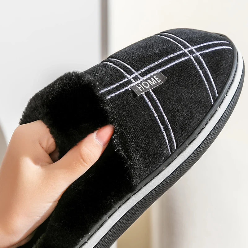 Large size 50-51 Plaid House Slippers for Man Memory Foam Winter Plush Indoor Male Shoes Warm Home Slippers 2023 Non Slip Black