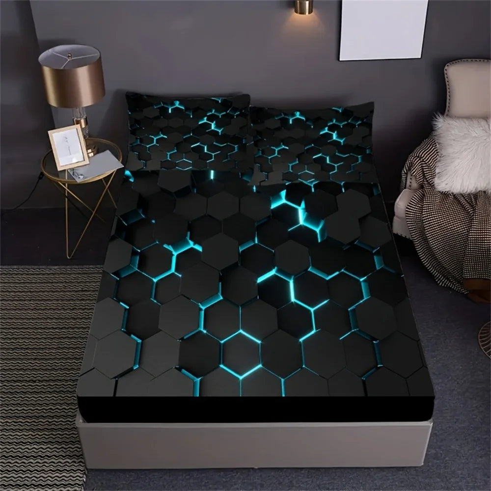 Blue 3D Hexagonal Honeycomb Geometry Print Fitted Sheet Set Column Mosaic Art Neon Mattress Covers Bedding Set With Deep Pocket