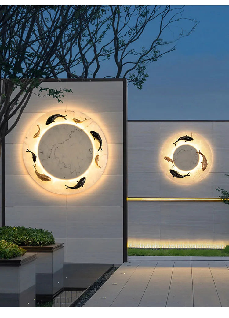 Modern Imitated Marble LED Wall Light Round Artificial Fish AC85~265V Chinese Style Porch Lamp For Garden Courtyard Path Adorn