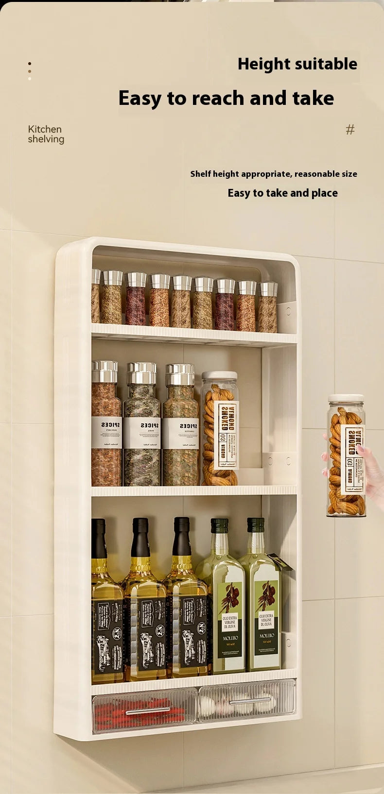 Wall Mounted Kitchen Storage Rack with Drawer Large Capacity Food Spice Oil Seasoner Jars Organizer Box Home Hanging Holder