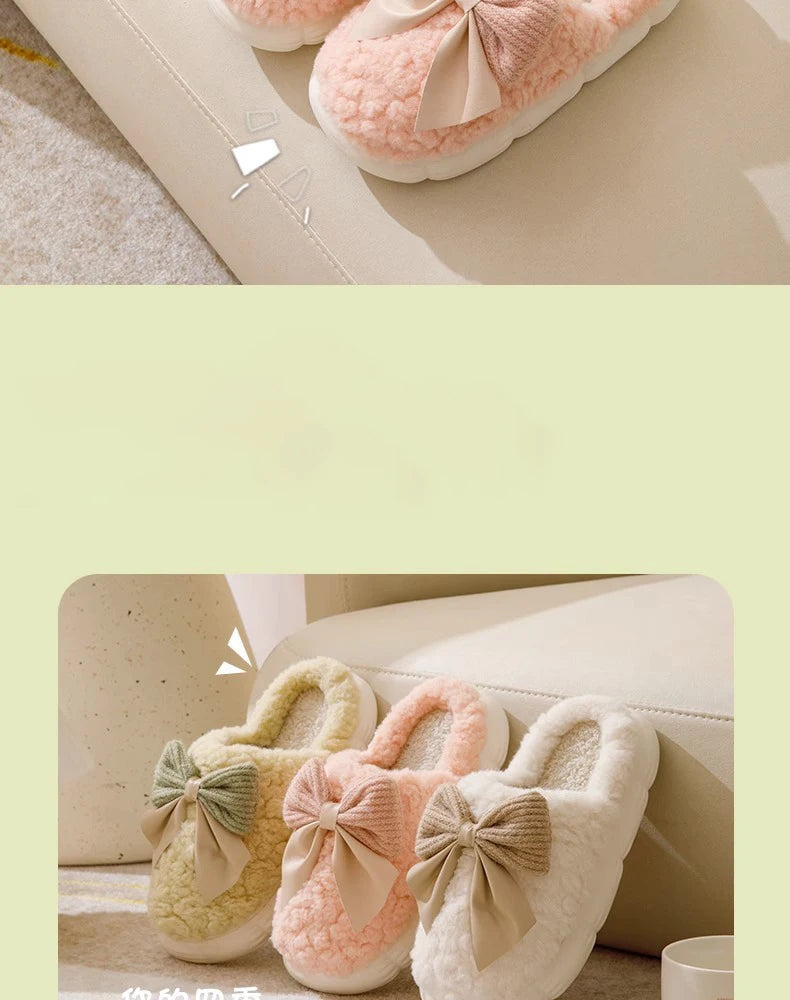 Cotton Bowknot Slippers Ladies Winter indoor Home Warm Fluffy Shoes Comfortable Slippers 3.5CM Thick Sole Antislip