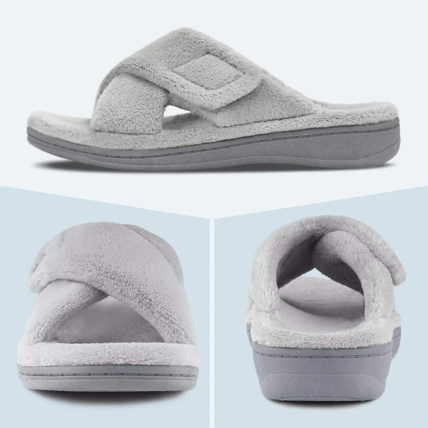 Litfun Four Seasons Slippers Women Open Toe Arch Support House Slides Adjustable Fuzzy Cozy Slippers Soft Sole Bedroom Sandals