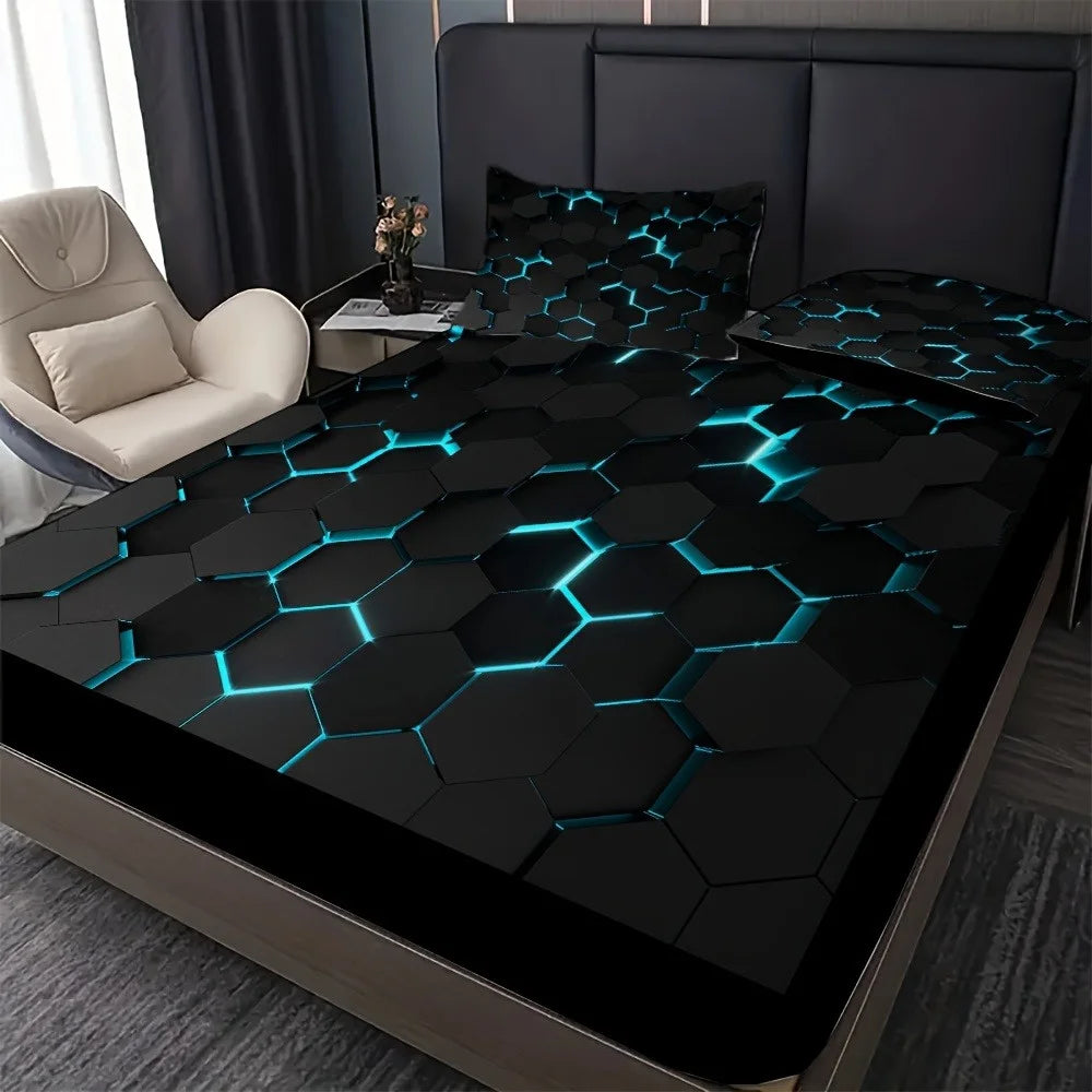 Blue 3D Hexagonal Honeycomb Geometry Print Fitted Sheet Set Column Mosaic Art Neon Mattress Covers Bedding Set With Deep Pocket