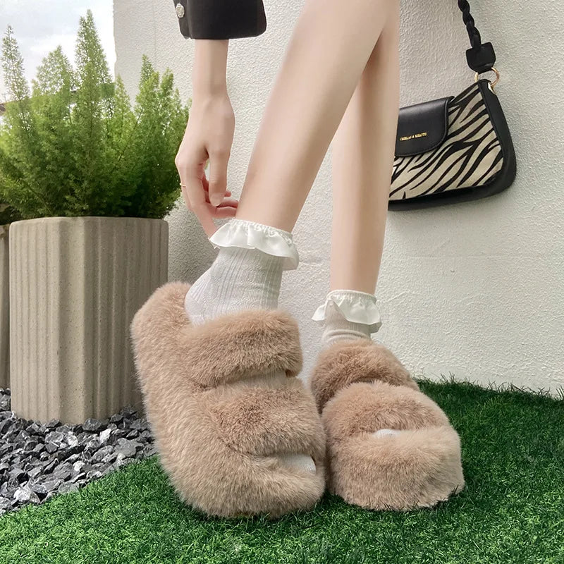 Summer Home Furry Fur Slides Plush Slippers Fluffy Flip Flops Luxury Slip on Platform Female 2024 Zapato De Mujer Designer