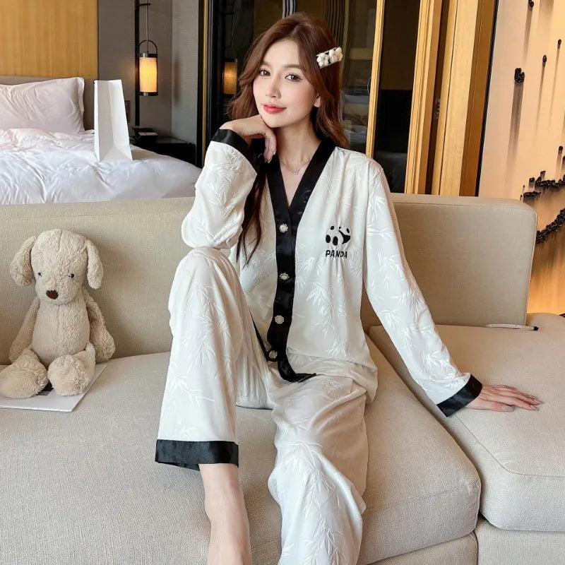 2023 New V Neck Nightwear Pyjama Femme Petite Women Pajamas Set Velvet Panda Bamboo Pattern Sleepwear Casual Homewear