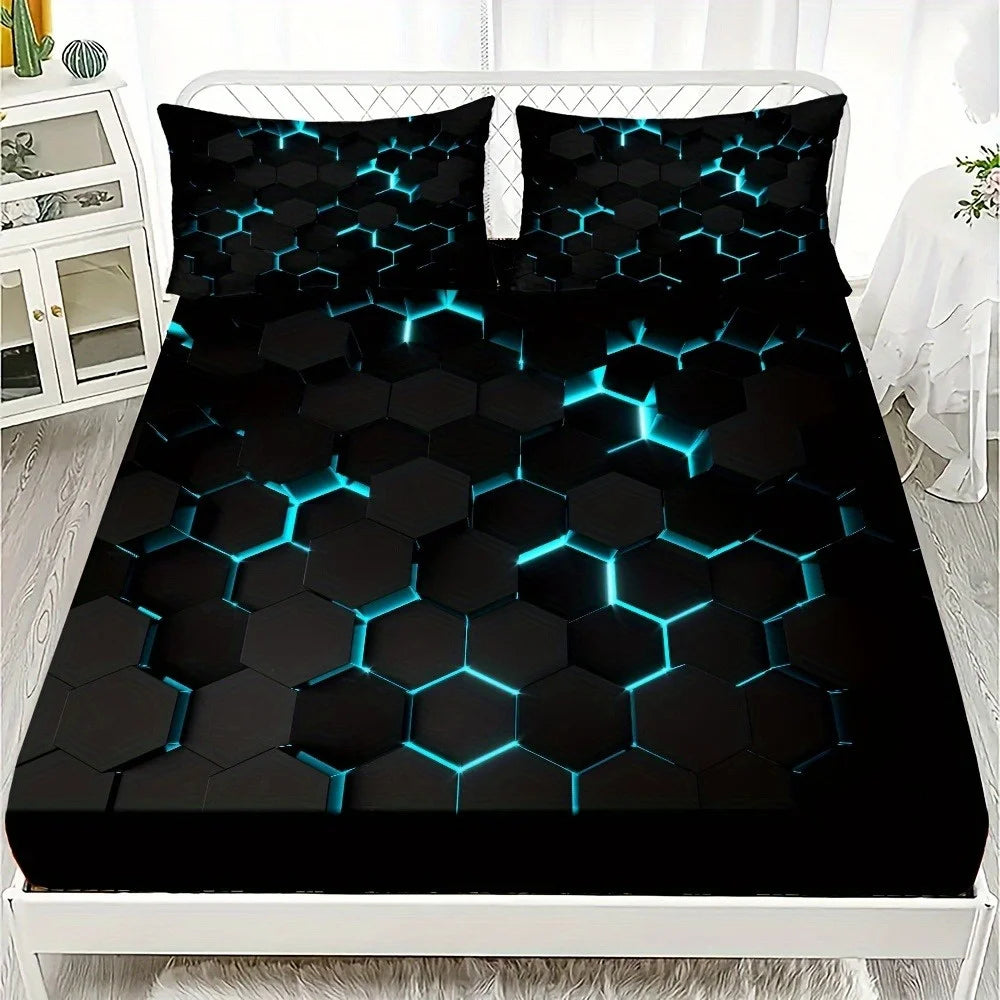 Blue 3D Hexagonal Honeycomb Geometry Print Fitted Sheet Set Column Mosaic Art Neon Mattress Covers Bedding Set With Deep Pocket