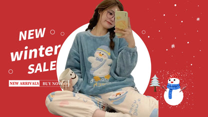 Autumn Winter Flannel Women Pajamas Sets Fashion Plaid Printed Teddy Sleepwear Velvet Homewear Kawaii Girsl Pijamas Mujer Pyjama