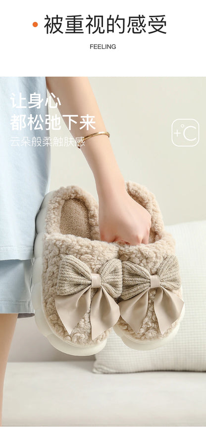 Big Bow Cute Plush Slippers QYCKABY 2024 New Winter Women Funny Elegant Fur Cotton Slippers Casual Warmth Indoor Floor Home Shoe