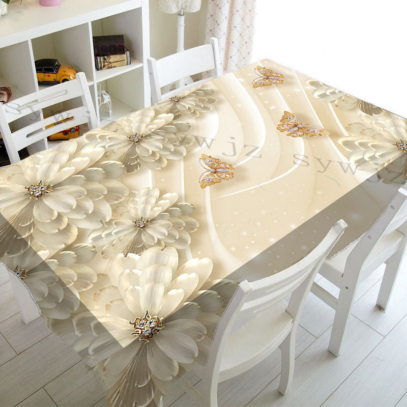 Luxury Pearl and Flower Butterfly 3d Printing Dining Room Tablecloth Dustproof Rectangular Home Kitchen Accessories Tablecloth