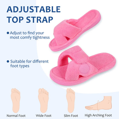 Litfun Four Seasons Slippers Women Open Toe Arch Support House Slides Adjustable Fuzzy Cozy Slippers Soft Sole Bedroom Sandals