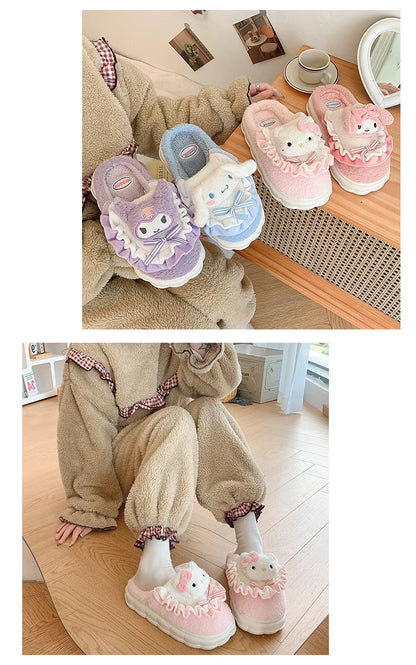 Sanrio Cotton Slippers Hello Kitty Cute Student Autumn Winter Bedroom Home Casual Soft Padded Plush Bedroom Aldult Shoes Girls