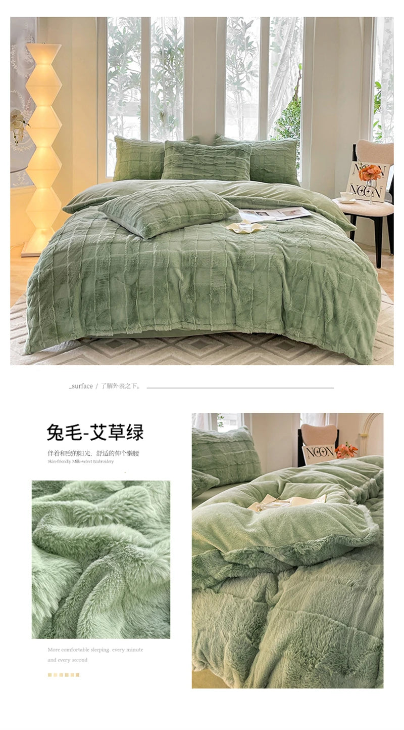 Faux Rabbit Fur Autumn Winter Warm Bedding Set Plush Skin Friendly Breathable Warmth Duvet Cover Set Queen Cozy Quilt Cover Sets