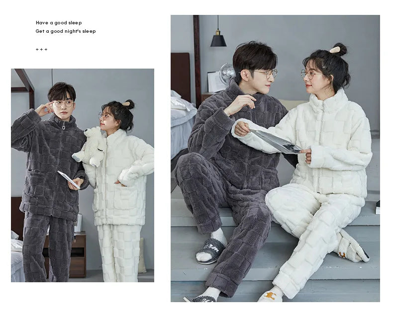 Couple Pajamas Set Autumn Winter Flannel Long Sleeve Zipper Long Plush Sleepwear Suit Men Nightcloth Thick Velvet Thermal Women