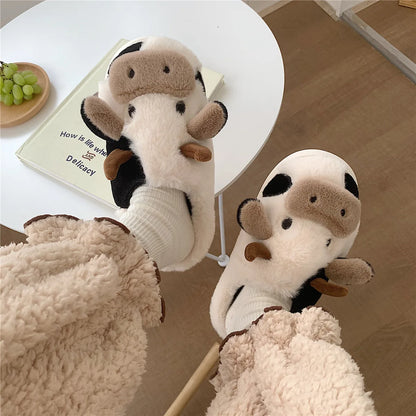 LItfun Fashion Winter Cotton Slippers Women Plush Lining House Slippers Lovely Milk Cow Women Slippers Fluffy Fuzzy Women Slides