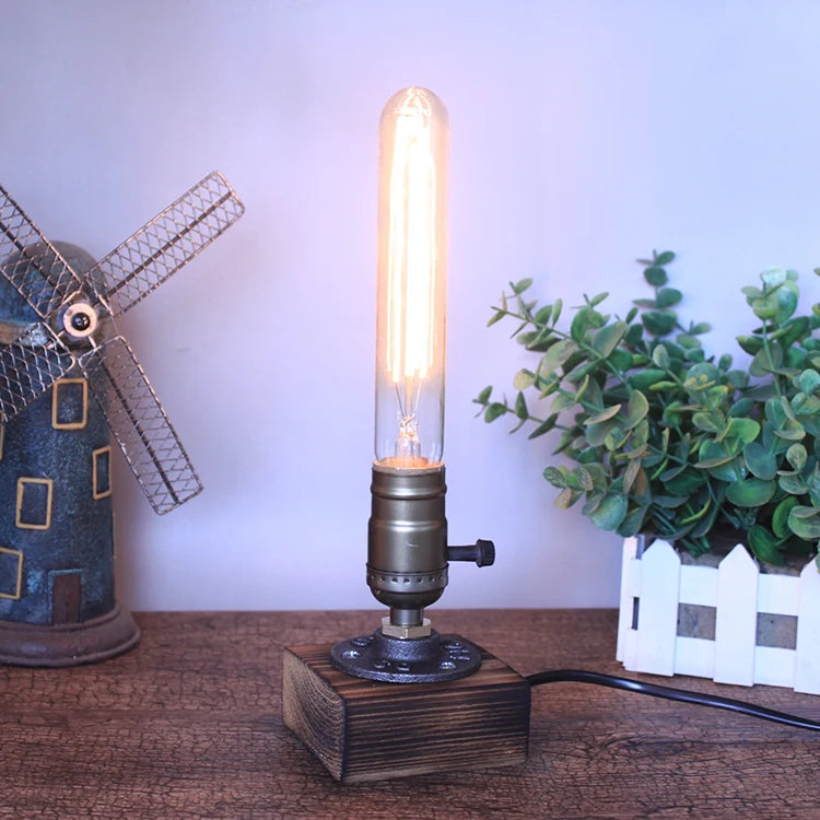 Industrial LED Table Lights With Switch  Wood Desk Lamp Retro Home Decor Creative Art Gift Night Light