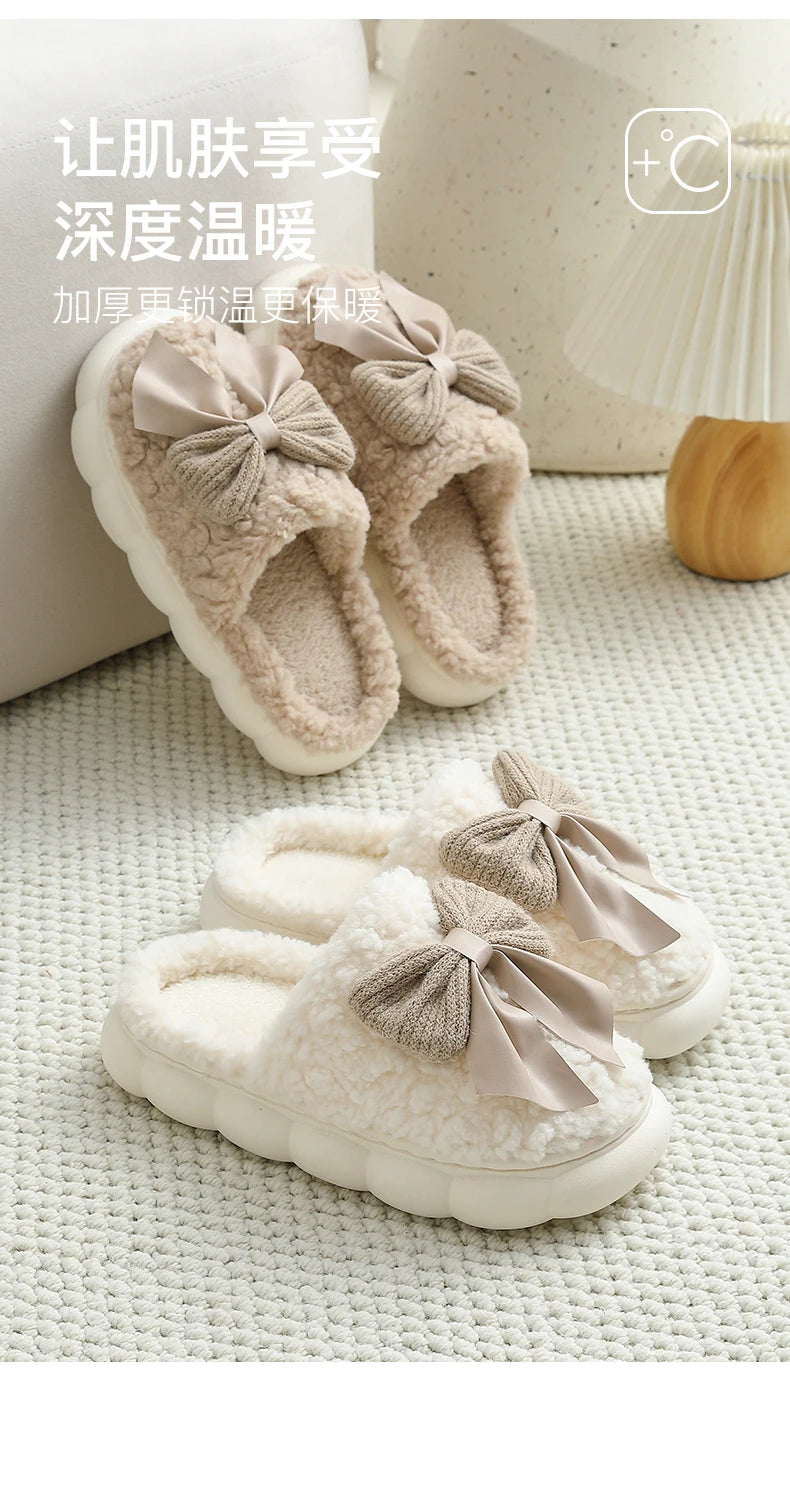 Big Bow Cute Plush Slippers QYCKABY 2024 New Winter Women Funny Elegant Fur Cotton Slippers Casual Warmth Indoor Floor Home Shoe