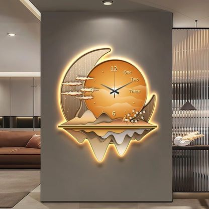 Light luxury restaurant decoration painting creative clock wall lamp 2024 new living room clock silent background wall clock