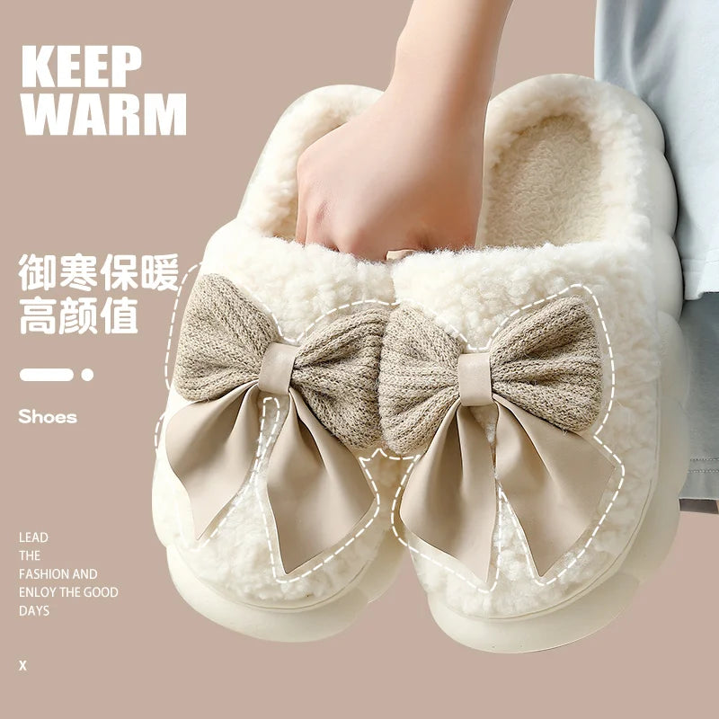 Big Bow Cute Plush Slippers QYCKABY 2024 New Winter Women Funny Elegant Fur Cotton Slippers Casual Warmth Indoor Floor Home Shoe