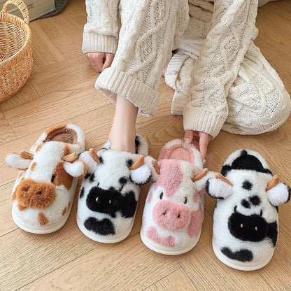 Comwarm Women Winter Cute Plush Cotton Slippers Indoor Warm Non-slip Milk Cow House Slippers Soft Fur Flufy Flat Bedroom Slides