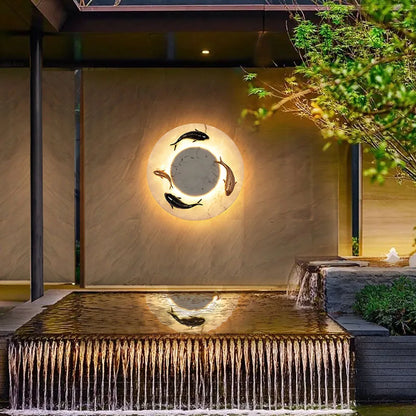 Modern Imitated Marble LED Wall Light Round Artificial Fish AC85~265V Chinese Style Porch Lamp For Garden Courtyard Path Adorn