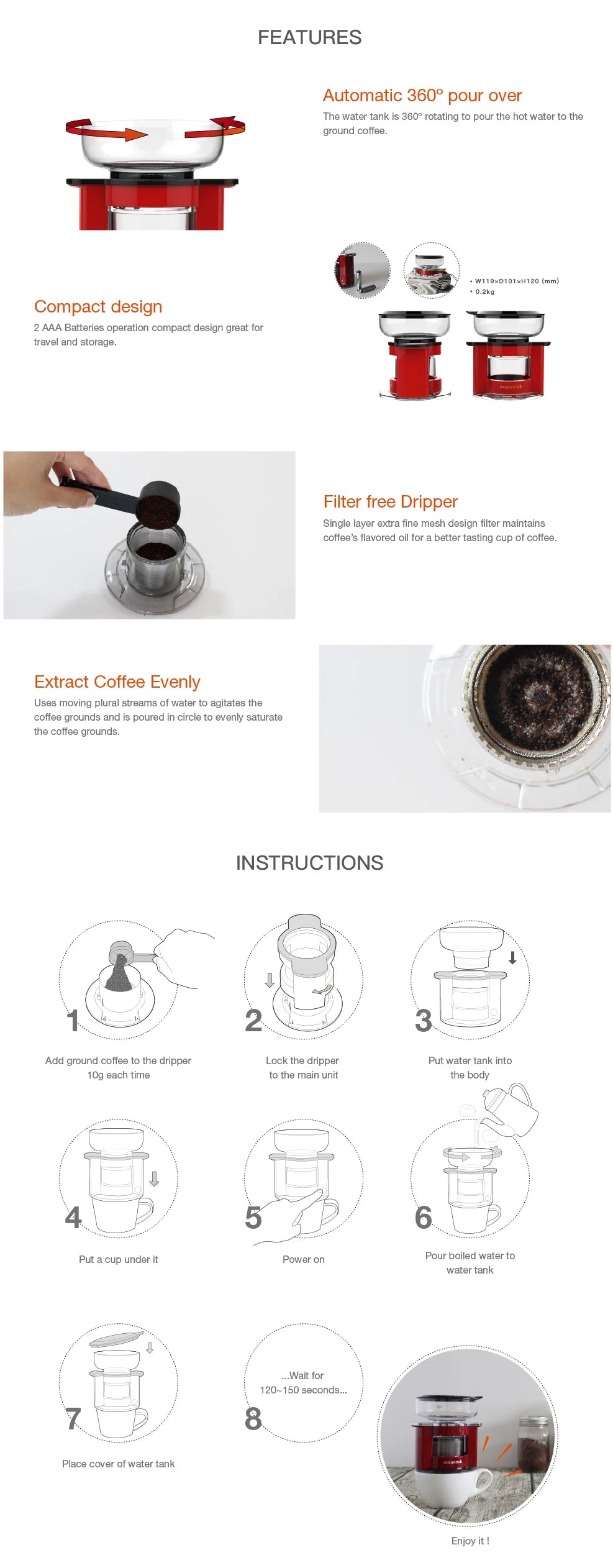 OCEANRICH S2 Automatic Single Serve Pour-over Portable Coffee Maker Coffee Dripper Reuseable Stainless Steel Coffee Pot Machine