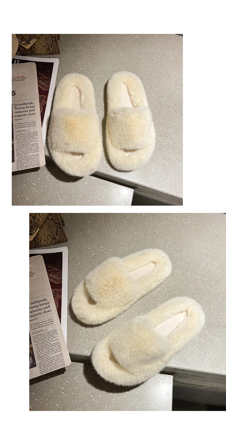 Fluffy Winter Warm Home Fur Furry Slippers Women Plush Shoes Indoor House Fuzzy Flip Flops Female Padded Fleece Living Bedroom