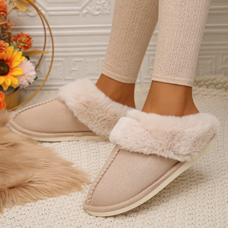 Closed Toe Warm Cotton Slippers Women Faux Fur Thicken Plush Winter Home Shoes Woman Lightweight Casual Indoor Slides Female