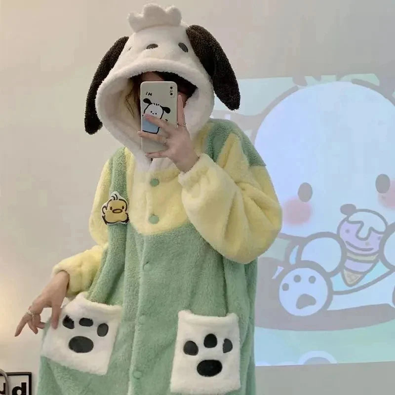 Sanrio Kuromi My Melody Kawaii Pajamas Women Cartoon Plush Oversize Autumn Winter Thicken Sweet Girl Long Pajama Home Clothes