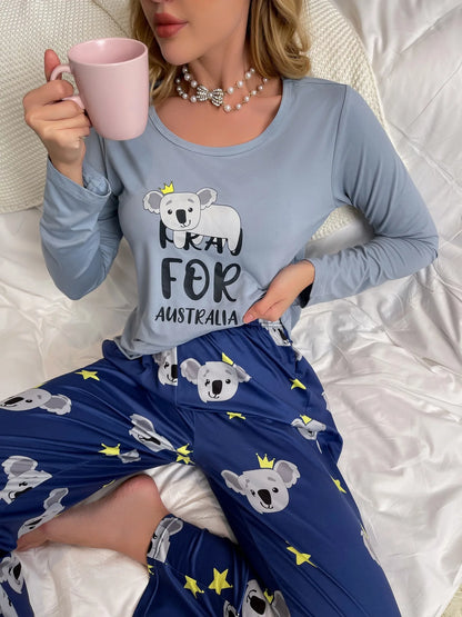 SUKAE Koala King Cartoon Nightwear Autumn Winter Pjs New Thin Women Pajamas Set Round Neck Long Sleeves Pijamas Casual Sleepwear