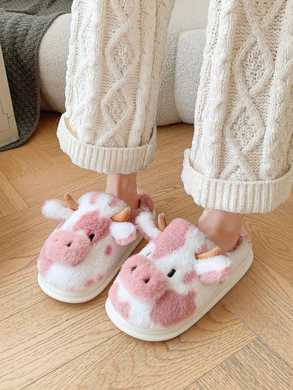 Comwarm Women Winter Cute Plush Cotton Slippers Indoor Warm Non-slip Milk Cow House Slippers Soft Fur Flufy Flat Bedroom Slides