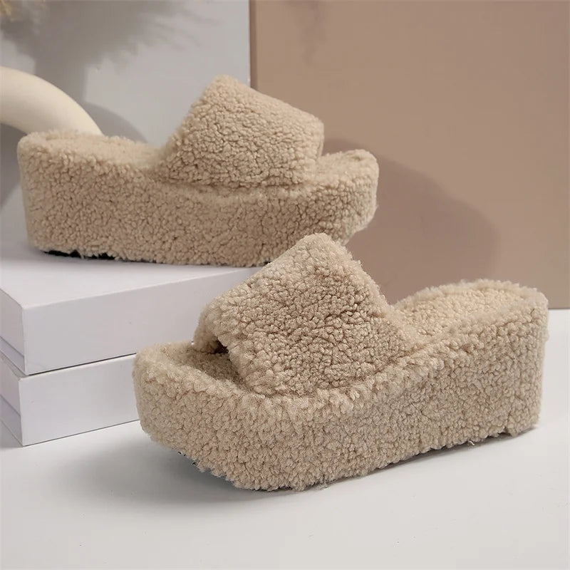 Autumn Winter Wedge Fluffy Slippers Woman 2024 New Home Fur Slippers for Women Chunky Platform Slides Cozy Fuzzy Indoor Shoes