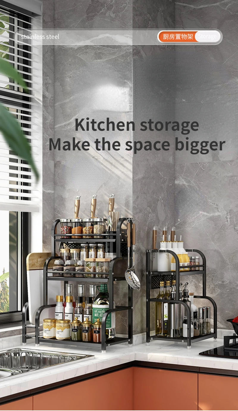 2 Layers Kitchen Storage Rack Stainless Steel Seasoning Chopsticks Shelf Organizer Knife Jar Organizer Household Accessories