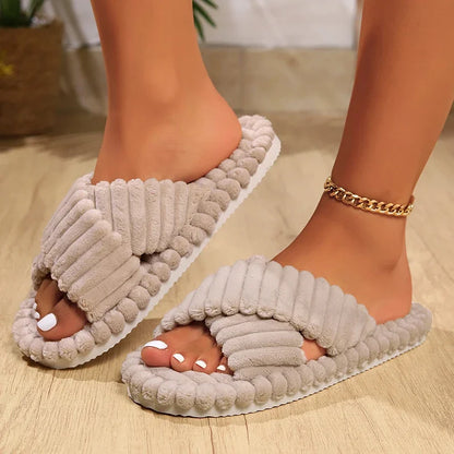 Fashion Corduroy Cross Band Home Slippers Women Autumn Winter Warm Plush Slides Woman Indoor Bedroom Soft Sole Cotton Slippers