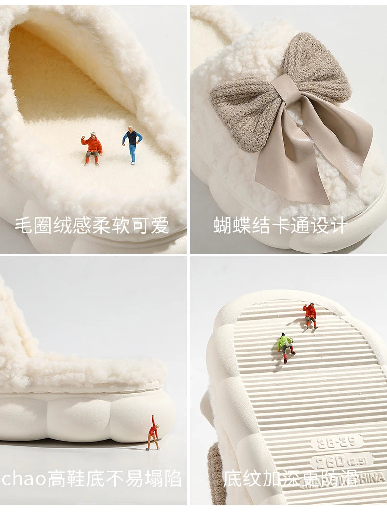 Big Bow Cute Plush Slippers QYCKABY 2024 New Winter Women Funny Elegant Fur Cotton Slippers Casual Warmth Indoor Floor Home Shoe