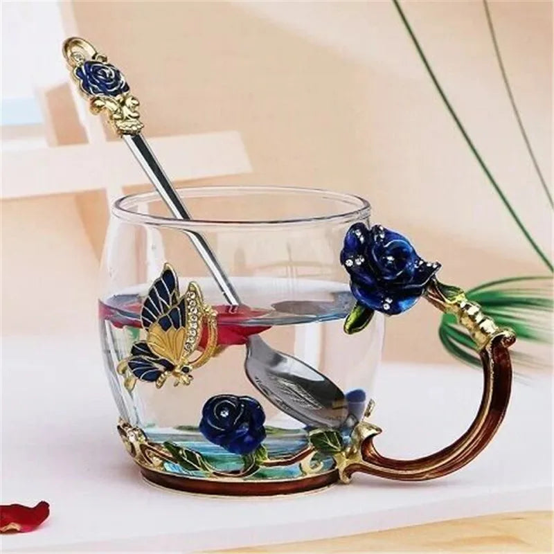 Hand-made Enamel Coffee Mug Crystal Cup Milk Lemon Flower Tea Cup High-grade Glass Drinkware Gift Couple Mug For Lover Wedding