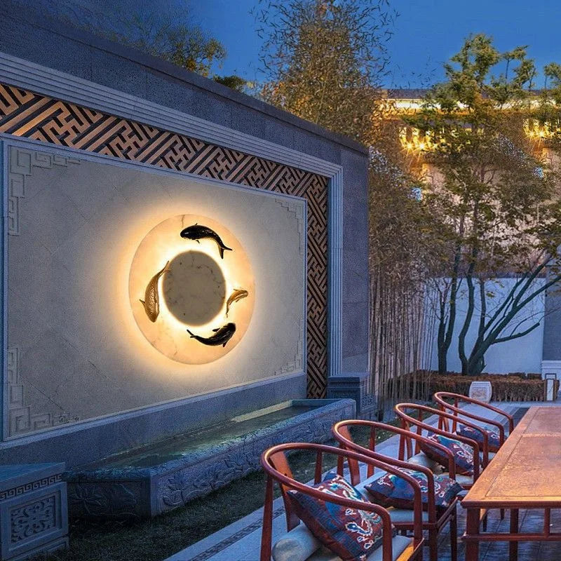 Modern Imitated Marble LED Wall Light Round Artificial Fish AC85~265V Chinese Style Porch Lamp For Garden Courtyard Path Adorn