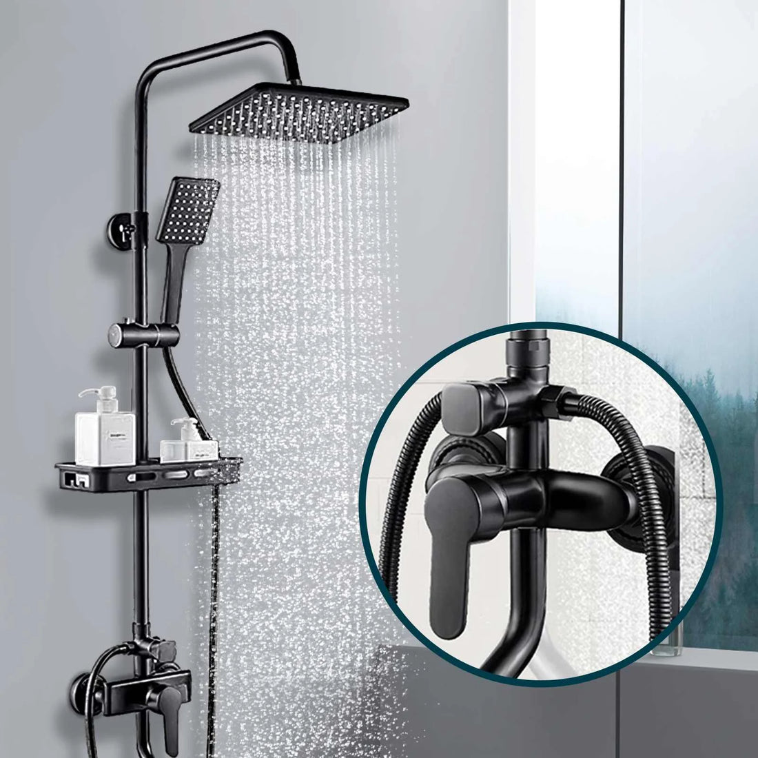 JETEVEVEN Bathroom Shower Faucet Rainfall Shower Set Matte Black Wall Mount Bathtub 3-way Shelf Shower Mixer Tap Shower System