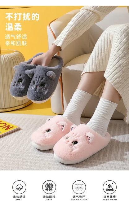 Cute Cat Slippers Fluffy Furry Women Home Platform Slippers Men Winter Plush Slides Indoor Fuzzy Slippers Lovely Cotton Shoes