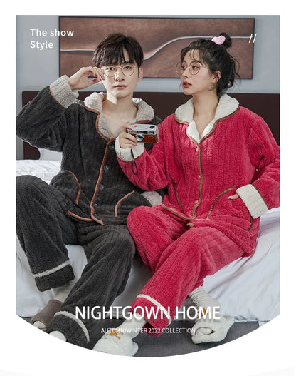 Couple Pajamas Set Autumn Winter Flannel Long Sleeve Zipper Long Plush Sleepwear Suit Men Nightcloth Thick Velvet Thermal Women