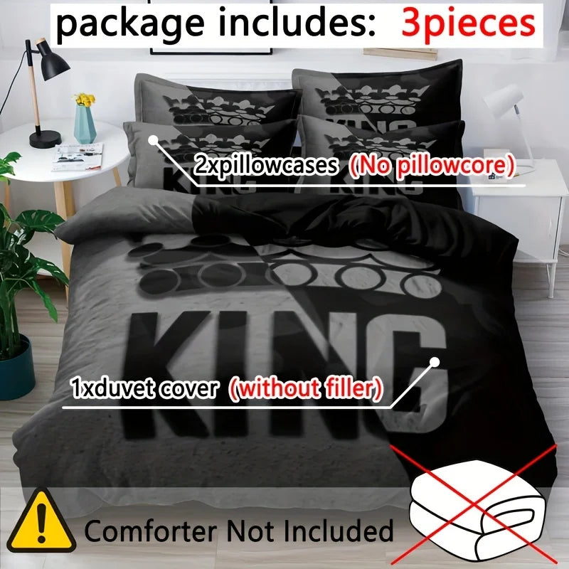 Duvet Cover Set 3 Pcs of Grey and Black King Size Bed Pattern Down Duvet Cover Set, Soft and Comfortable Decorative Bedding Set