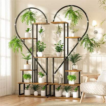 2X Plant Stand Half Heart Shaped Multiple Planter Rack Flower Display with Hooks 20 Pots Garden Ladder Planting Shelf