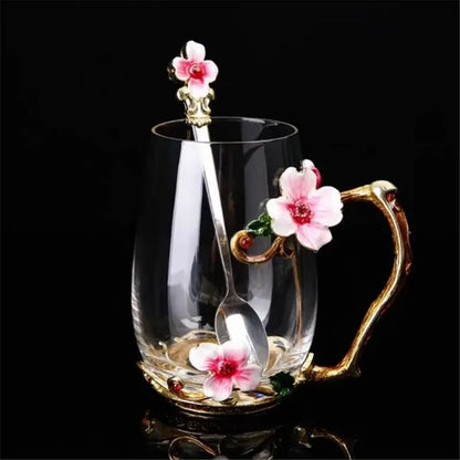 Hand-made Enamel Coffee Mug Crystal Cup Milk Lemon Flower Tea Cup High-grade Glass Drinkware Gift Couple Mug For Lover Wedding