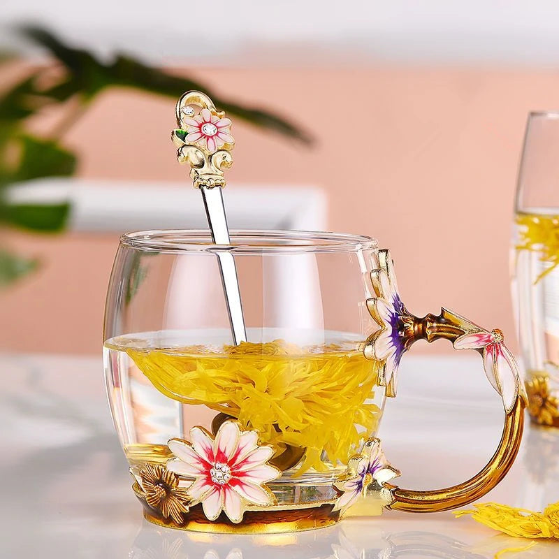 Hand-made Enamel Coffee Mug Crystal Cup Milk Lemon Flower Tea Cup High-grade Glass Drinkware Gift Couple Mug For Lover Wedding