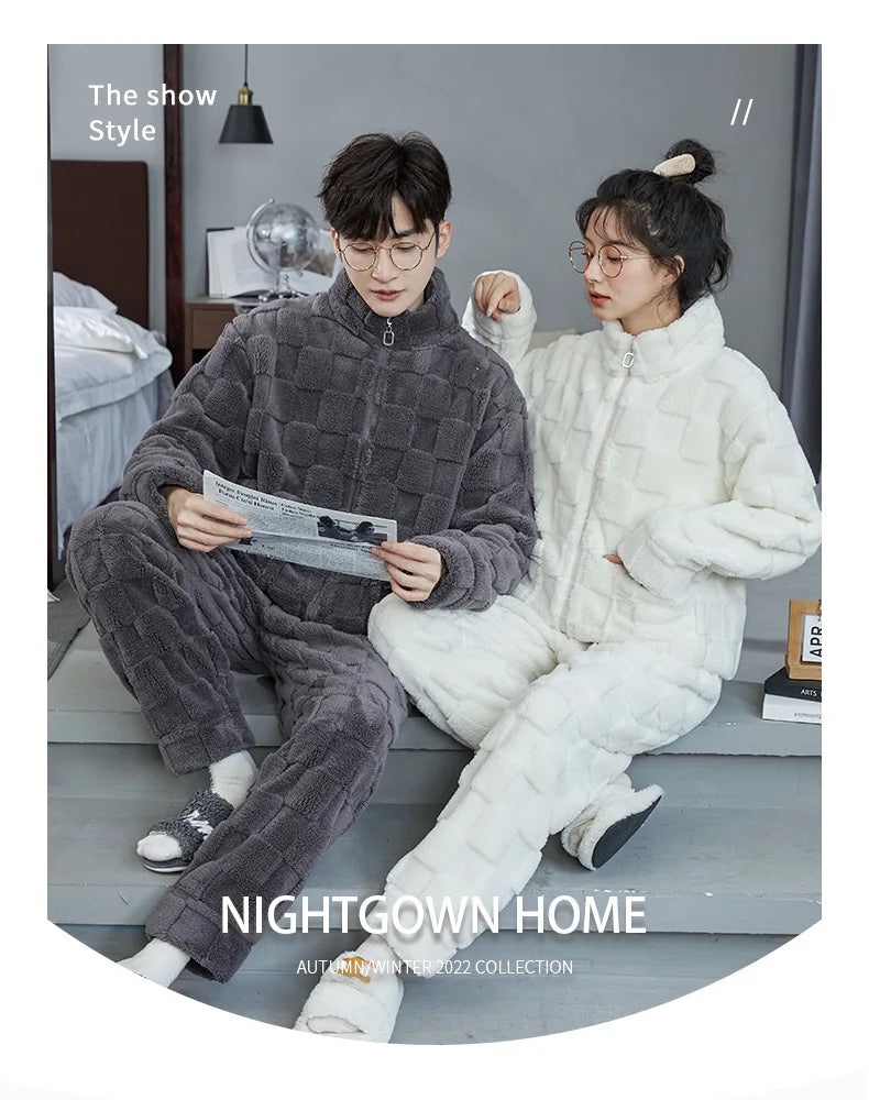 Couple Pajamas Set Autumn Winter Flannel Long Sleeve Zipper Long Plush Sleepwear Suit Men Nightcloth Thick Velvet Thermal Women