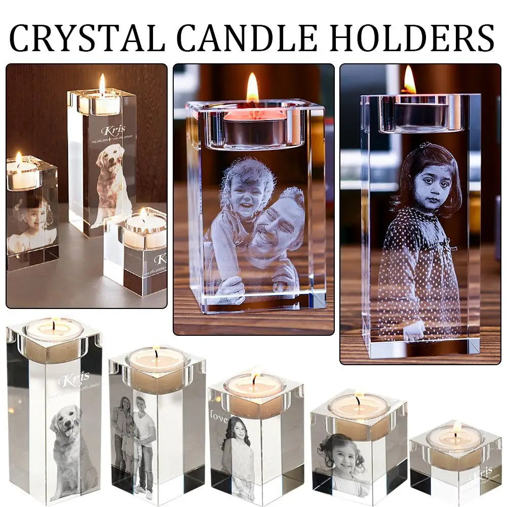 Personalized 3D Photo Crystal Candle Holder Custom Engraved Clear Crystal Candlestick With Picture Text Christmas Birthday Gift